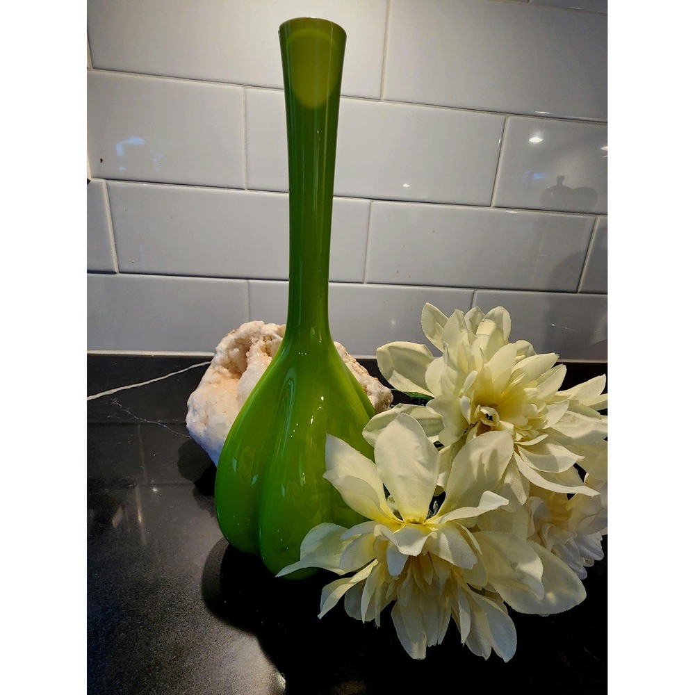 Vintage Lime Green Hand Blown Glass Vase Mid Century Modern Empoli Style 10 inch
